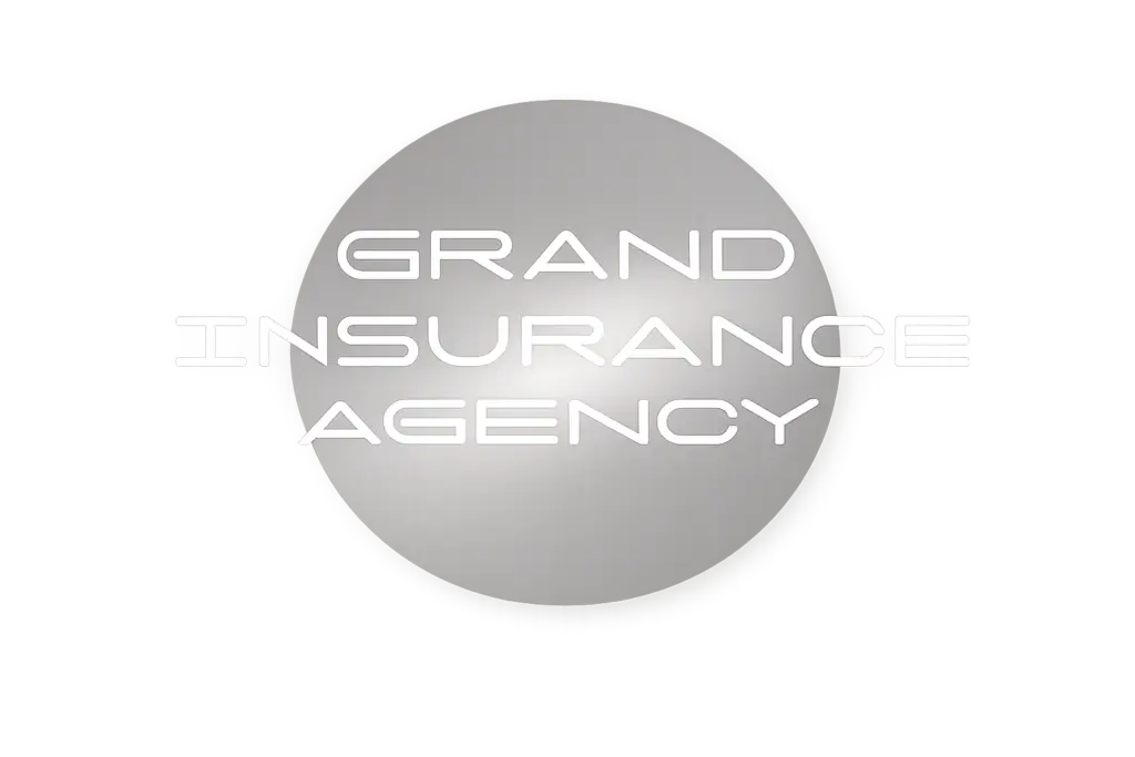 Grand Insurance Agency - Gray background with horizontal lines and the words "GRAND INSURANCE AGENCY" in bold white futuristic font centered in the image. - Queens, NY